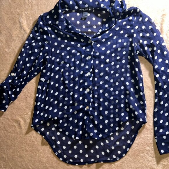 Living Doll Women Small Blue‎ White Dot Sheer Button Down Long Sleeve Blouse (U) - Picture 1 of 7
